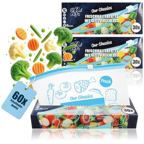 COM-FOUR® 60x Bolsas resellables almacenar alimentos, frutas, verduras | leche - snacks - sándwiches - pescado y carne - 1 litro