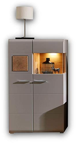 Stella Trading FUN PLUS 2 Kleine Vitrine in Basalt mit schönen Hirnholz-Applikationen - Glasvitrine inkl. LED-Beleuchtung - 80 x 139 x 37 cm (B/H/T)