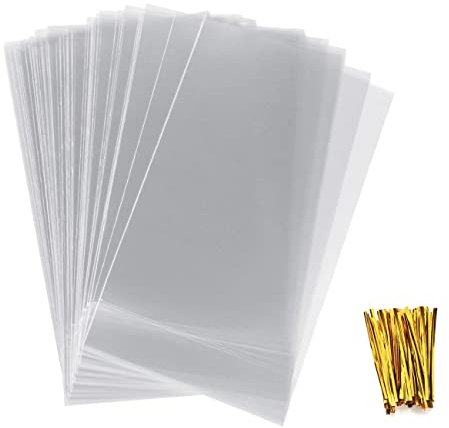 Anstore 100 Bodenbeutel, 180 x 300 mm 0PP Beutel Keksbeutel Kekstüten Gebäckbeutel Klarsichtbeutel Folienbeutel Zellophanbeutel Zellophantüten mit 100 Metallischen Bindebaender