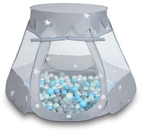 Selonis Play Tent 105X90cm/100 Balls Castle House Pop Up Ballpit Plastic Balls For Kids, Grey:Pearl-Grey-Transparent-Babyblue-Mint