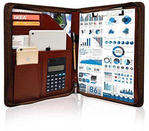 GraduatePro Klemmbrettmappe A4 mit Deckel Reißverschluss Leder Organizer Mappe Dokumentenmappe Ordner Clipboard Outdoor Braun