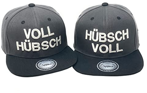 Outfitfabrik Cap Set, 2 Snapback Caps „Hübsch voll“ und „Voll hübsch“ in dunkelgrau mit weißem 3D-Stick, Schirm in schwarz (Statement, lustige Caps), One Size, für Männer und Frauen