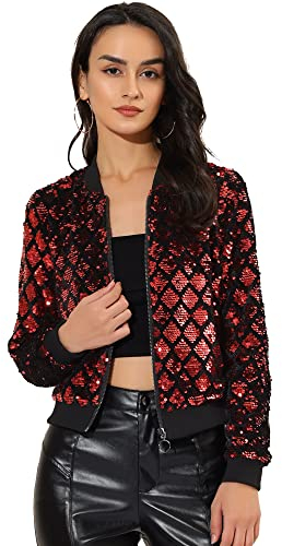 Allegra K Veste Femme Pailletée Style Aviateur à Carreaux Fermeture Éclair Sans Col Pour Costume de Noël Rouge S