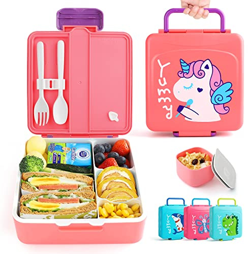 Lehoo Castle Bento Lunch Box for Kids with 4 Compartments,1300ml Lunch Containers with Sauce Jar, Spoon&Fork, Durable, Leak Proof, BPA-Free and Food-Safe Materials (Red)