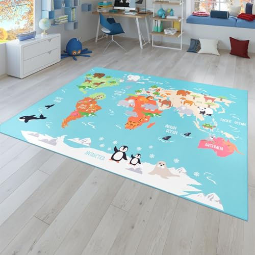 TT Home Tapis pour Enfants, Tapis de Jeu pour Chambres d'enfants, Carte du Monde avec Animaux, en Vert, Dimension:100x200 cm