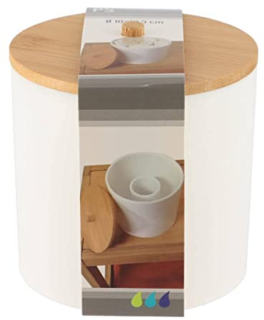 Tendance - Boite à Coton et Coton Tiges PS Blanc Couvercle Bambou - Blanc/Bambou - Salle de Bain - Accessoire Salle de Bain à Poser