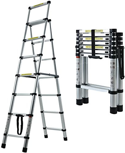 Aluminum Telescoping Ladders Multi-Purpose Ladder 6 7 Step Ladders (2M-2.3M) with EN131 Certified, Max Capacity 150KG/330lbs For Outdoor & Indoor Use