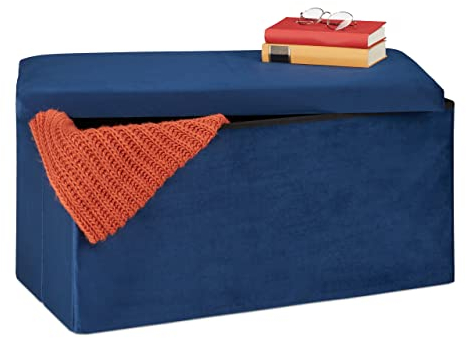 Relaxdays Plegable Banco Almacenaje, Funda de Terciopelo, 80 L, Salón, Dormitorio, Baúl Almacenamiento, 38 x 77 x 39 cm, Azul, Tablero de Fibras, 38x77x39 cm