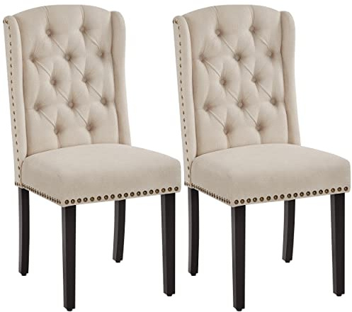 Yaheetech Upholstered Button Tufted Dining Room Chairs Set of 2 Kitchen Chairs with Nailhead Trims and Solid Legs for Home, Restaurant, Beige