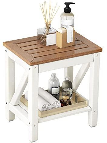 GOPLUS 2-stufige Duschbank, Duschhocker mit Ablage, Badezimmer Duschstuhl Badhocker für Bad-Spa und Beinrasur, Weiß & Braun (43 x 32 x 47 cm)