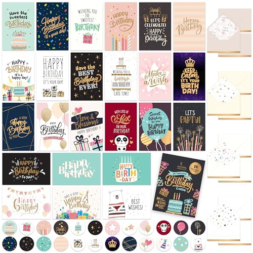 Decorably 24 Pack Foil and Glittery 6x4in Assorted Birthday Cards with Envelopes and Stickers, 24 Unique Festive Designs for Friends, Family, Loved Ones, with Printed Message Inside - Gifting, Mailing
