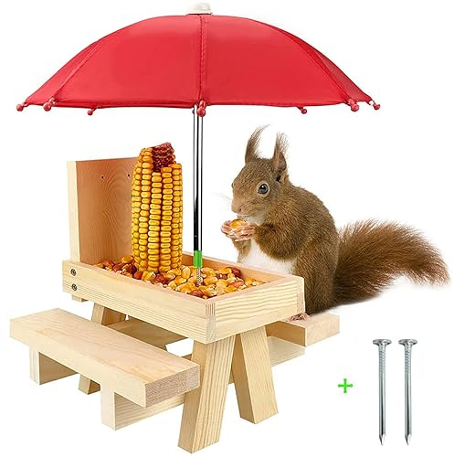 Eichhörnchen Futterhaus aus Holz, Wetterfest Draussen Futterstationen für Eichhörnchen mit Regenschirm und Maisständer, Für Garten und Balkon