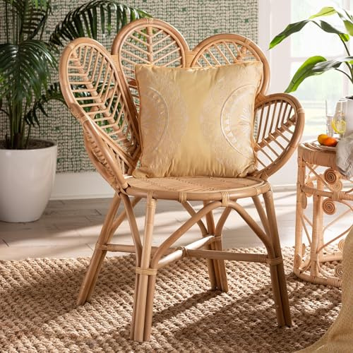 Modern Bohemian Natural Rattan Flower Accent Chair Solid Eclectic Upholstered Padded Seat