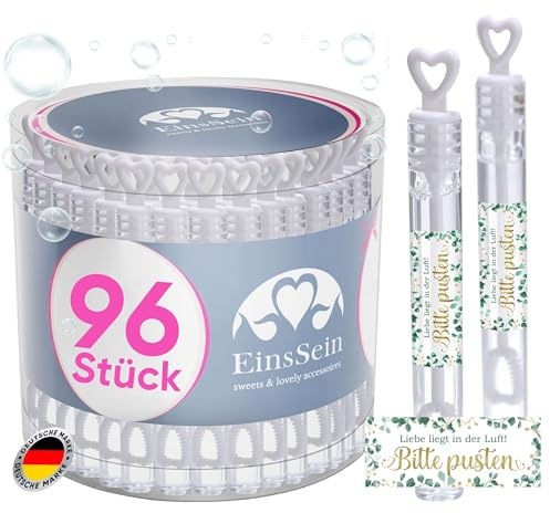 EinsSein Seifenblasen Hochzeit 96er Set | Herzform mit Gold-grün Aufklebern Bitte pusten | gebrauchsfertig & fleckenfrei | perfekt auch für Taufe Geburtstag | Gastgeschenke & Festliche Dekoration