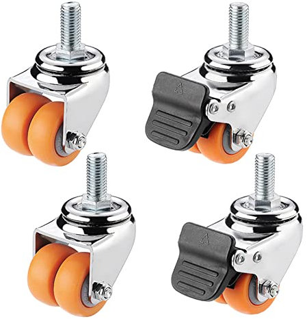 DDGBZYIV Roues à roulettes Doubles en Caoutchouc,Roulette à Tige filetée M12,roulettes pivotantes Robustes de Remplacement,(4 pièces) Silencieux et Résistantes,2brakes+2nobrakes-1.5IN