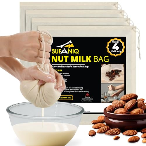 Nut Milk Bag - 4 Pack (12 x 12 Inches) 100% Unbleached Cotton Cheese Cloth Bag for Straining, Premium Quality Nut Milk Bag Reusable, Nut Bag Strainer for Almond, Soy, Oat Milk, Juices, Cheese Making