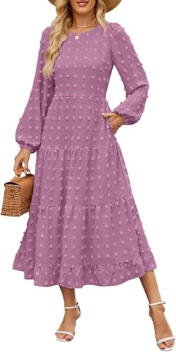 LLECDASEUI Women's Autumn Boho Midi Dress Swiss Dot Staggered Flowing Dress Long Sleeve Round Neck A-line Wedding Guest Dress, purple, M