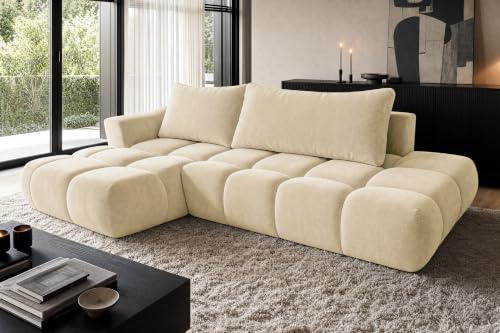 COMFORTINO FURNITURE Ecksofa mit Schlaffunktion Luna L-Form, Sofa Couch mit Bettkasten, 3-Sitzer Eckcouch, Schlafsofa für Wohnzimmer, Big Sofa Couch mit Schlaffunktion (Beige, Ottomane Links)