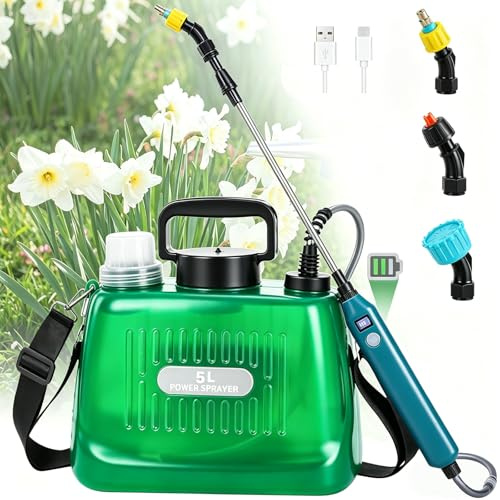 DOUBFIVSY Pulverizador Eléctrico para Plantas, Pulverizador de Presión a Batería Recargable, Pulverizador de Jardín con 3 Boquillas Regulable, Indicador de Nivel de Batería (Verde 5L)