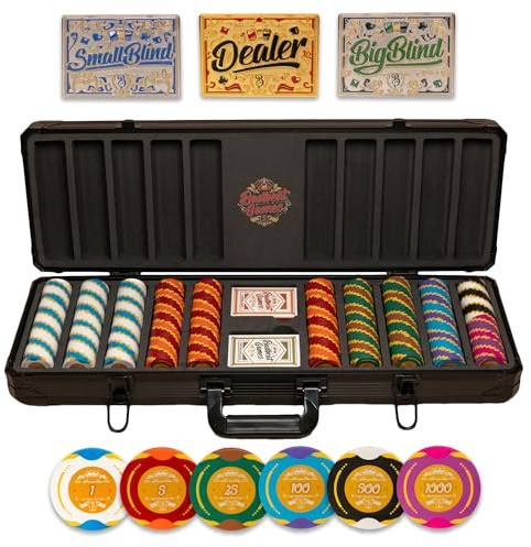 500-delars pokerset med numrerade värden – 14 gram 40 mm lerpokerchips – hållbar bärväska och spelkort – har återförsäljare, små persienner och stora blinda positionspennor