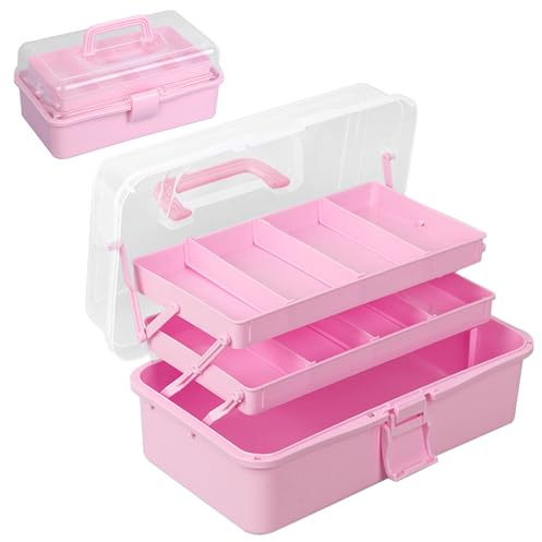 Sewing Storage Box, Multipurpose Craft Tool Box, 3 Layer Expandable Foldable Organizer with Trays and Dividers, Portable Stackable Collector for Toys, Arts Crafts, Stationery, Fishing Tackle, Pink