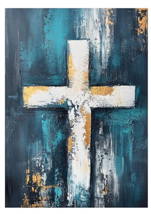 CUDAOO Jesus Christliche Kreuz Bilder auf Leinwand, Kreuz mit blauem Hintergrund für Yoga Raum Büro Schlafzimmer Wohnzimmer Home Deko - 60x80cm Ungerahmt(Haze Blue)