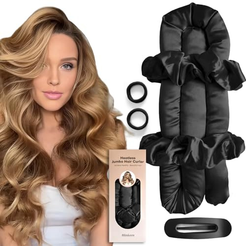 BLINKEEN Jumbo Heatless Hair Curler Set-Satin Heatless Curls Overnight, Jumbo Curling Rod Headband, No Heat Curlers To Sleep in (Black)