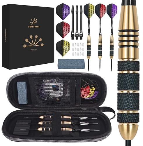 centaur Professional Steel Tip Darts Set - 23 Grams Brass Barrels with 6 Aluminum Shafts (2 Styles 48mm), 9 PET Flights (3 Colors) & Travel Case - Metal Darts Kit for Beginners and Professionals