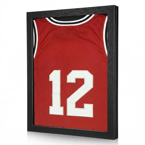 Amosfun Caja de sombra de madera para camisetas deportivas, montaje en pared, exhibición de mesa para béisbol, baloncesto, fútbol, camisetas de fútbol, acabado de madera negra