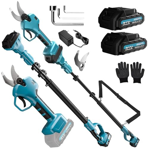 40mm Tijeras de Podar Eléctricas, 2 IN 1Podadora Telescópica con 2M Pértiga de Extensión, 2x3000mAh Batería, con Tirantes, Guantes, Podadora de Eléctrica para Jardineria, Olivos