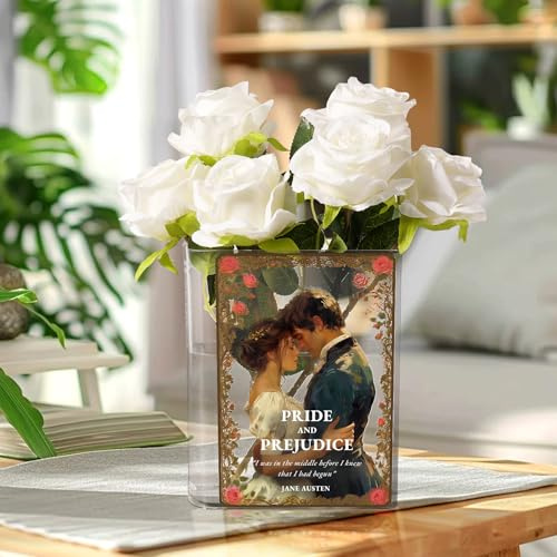 Book Vase, Pride and Prejudice Inspired Flower Vases for Tables | Acrylic Book-Shaped Flower Vase,Bookshelf Decor,Book Lovers Book Club Gifts,Jane Austen Gifts, Birthday Gifts for Women Mom
