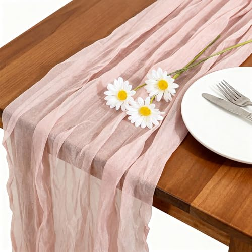 Lot de 2 chemins de table en étamine, 90 x 180 cm, rose clair, texture plissée, style bohème, pour mariage, anniversaire, centre de fête, centre de mariage, fête d'anniversaire, centre de mariage, 90