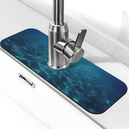 Blue Deep Ocean Faucet Mat for Kitchen Sink, Super Absorben Faucet Pad Splash Catcher, Diatomite Fast Drying Stone Faucet Handle Drip Catcher Tray Mat for Bathroom Sink Drying Pad 15 x 5.5