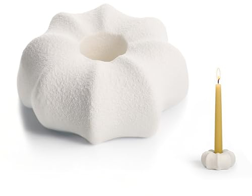 Portavelas Danilovo de cerámica Minimalista – Soporte para Velas Taper de diseño escultural Moderno, Acabado Piedra Texturizada Blanca — decoración para el hogar, 1 ud