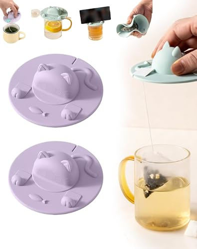 Silicone Tea Bag Holder for Mug, Cat-Designed Tea Bag Buddy Cup Cover, Lid Teabag Holder & Squeezer Heat Retaining, Mug Topper Lid for Coffee Milk Tea (2, Purple)