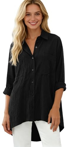 Blusa para mujer, elegante, sin arrugas, sin planchado, blusa para mujer, talla grande, blusa para mujer con cuello, blusa monocolor, parte superior básica, blusas., Negro , L