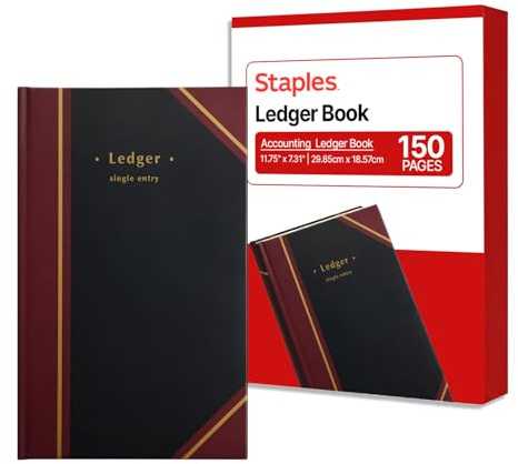 STAPLES Black Ledger Book, Hardbound Accounting Record Book with Numbered Pages, 11‑3/4 x 7‑5/16, Durable Sewn Binding for Bookkeeping & Financial Records