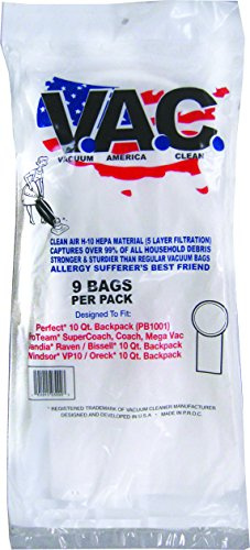 VACUUM AMERICA CLEAN VAC 18 Perfect 10 Qt. Backpack, ProTeam Super Coach, Coach, MegaVac, Sandia Raven, Bissell 10 Qt. Backpack, Windsor VP10, Oreck 10 Qt. Backpack H-10 HEPA Filtration (Pack of 9)