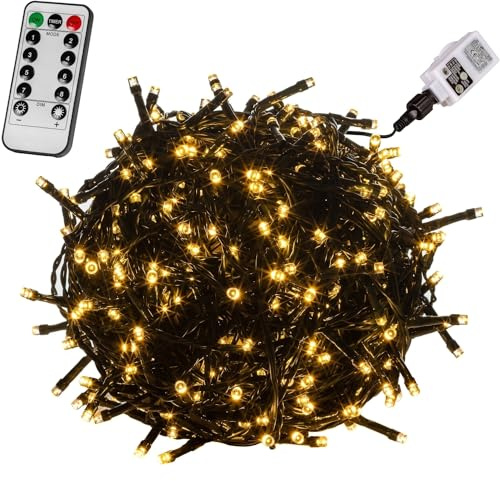 VOLTRONIC LED Lichterkette, IP44, Modell- und Farbwahl, 200 LEDs, Grünes Kabel, warmweiß, Fernbedienung