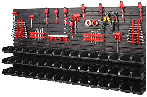 PAFEN Lagersystem Wandregal - 1544 x 780 mm – 48 Schwarz Stapelboxen mit Wandplatten + Werkzeughalter – Werkstattwand Set XXL 84 Elemente