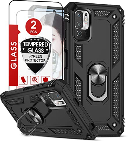 LeYi Funda para Xiaomi Redmi Note 10 5G / Poco M3 Pro 5G con [2-Unidades] Cristal Vidrio Templado, Armor Carcasa con 360 Anillo iman Soporte Hard PC Silicona TPU Bumper Antigolpes Case, Negro