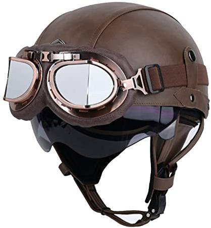 LHBM Rétro Casque Moto Bols,Casques Demi-Jet Homologué Dot/ECE avec Visière UV Lunettes Casque de Moto Cuir Style de Vintage Demi Casque pour Scooter Bike Chopper Moped Casque H,L=59-60cm