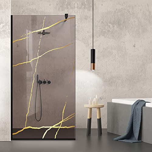 Aqua Roy Schwarz | Modell Marmor Gold | Größe 80 cm ab 70/80/90/100/110/120 | Walk in Duschwand | 8mm Bronze Glas | mit NANO-beschichtetem sandgestrahltem Muster (80x195cm)