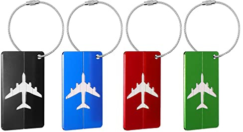 Blendura Set di 4 Etichette Valigie in Alluminio, Etichetta Valigia Aereo con Scheda per Informazioni Personali, Adatte a Valigie, Zaini e Borsoni da Viaggio