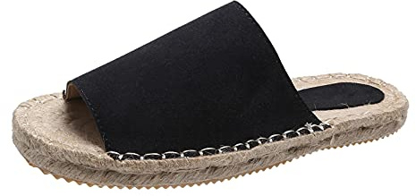 Slip-on dam espadrille sandaler pantoletter platta sommar mocka sandaler peep toe platå strandsandaler bekväma platta tofflor fritidsskor sommarskor flip-flops, svart, 37 EU