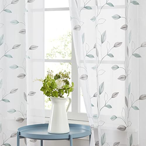 Bujasso Embroidered Leaf Sheer Curtains Floral Farmhouse Light Filtering Window Panels Botanical Patterned Drapes for Living Room Bedroom Grommet Top, Gray Teal 38 Wx63 Lx2