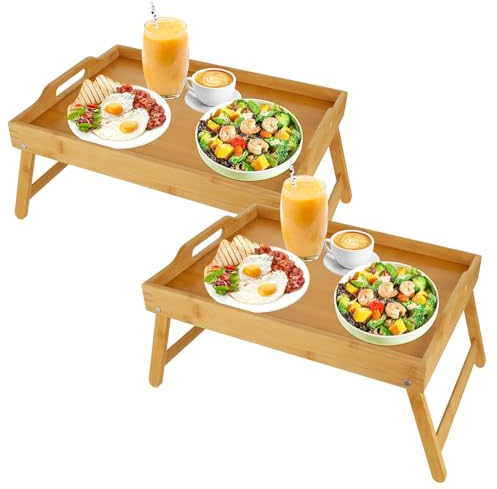 SHUESS 2 Pack Bamboo Bed Tray - 41.5 x 30 x 20.5 cm Breakfast Tray with Folding Legs - Trays for Eating on Lap, Ideal for Bed, Sofa, Eating, Platters, Working, Serving, and Drawing (Natural)