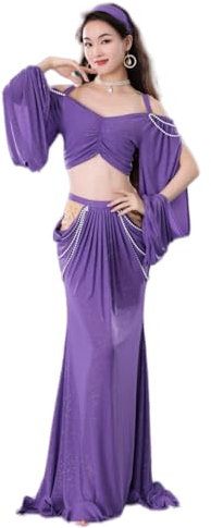 GeRRiT Bauchtanz Kleidung für Frauen, Kurze Ärmel Top + Langer Rock 2 Stücke Mädchen Orientalische Kostüme Set Weibliche Praxis Tragen Outfit Sexy Bauchtanz,Lila,M