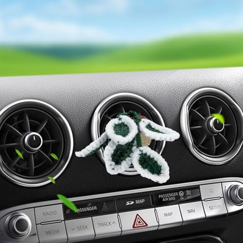 Car Air Vent Decoration, Botanical Crochet Handmade Cute Mini Hanging Basket Vent Clip, Car Accessory Gift Home Decor with Vertical Clip (White)