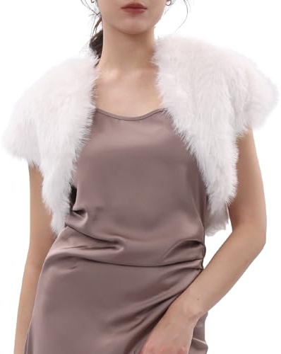 Amazhiyu Gilet Donna in Pelliccia Sintetica Senza Maniche, Bolero in Pelliccia Sintetica, Coprispalle a Manica Corta, Cardigan con Apertura Frontale per Abito da Sera, bianco, L
